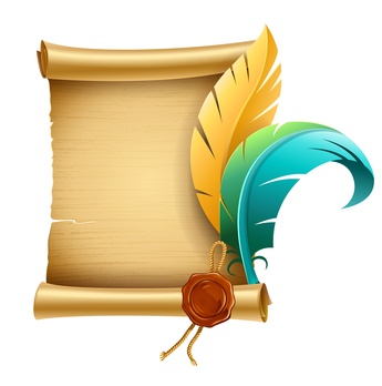 Cartoon scroll with colorful quill pen.