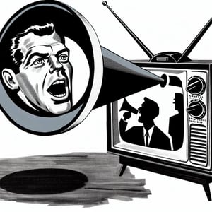 Man on TV shouting into megaphone