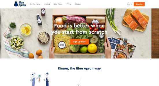 Blue Apron's value propostion positioned nicely across its homepage. 