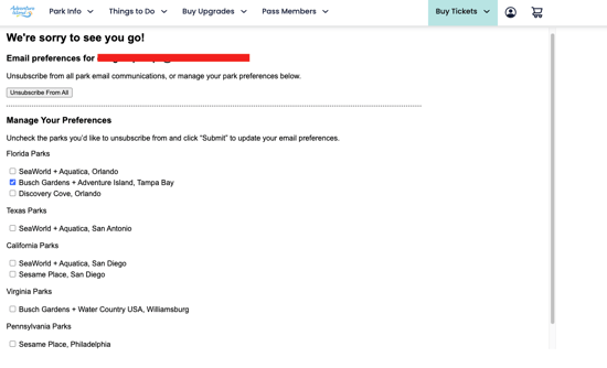 Busch Gardens and Adventure Island Email Unsubscribe
