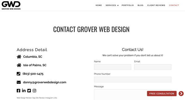 Grover Web Design Contact Us screenshot