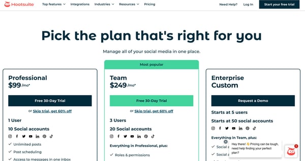 Hootsuite Product Page Pricing