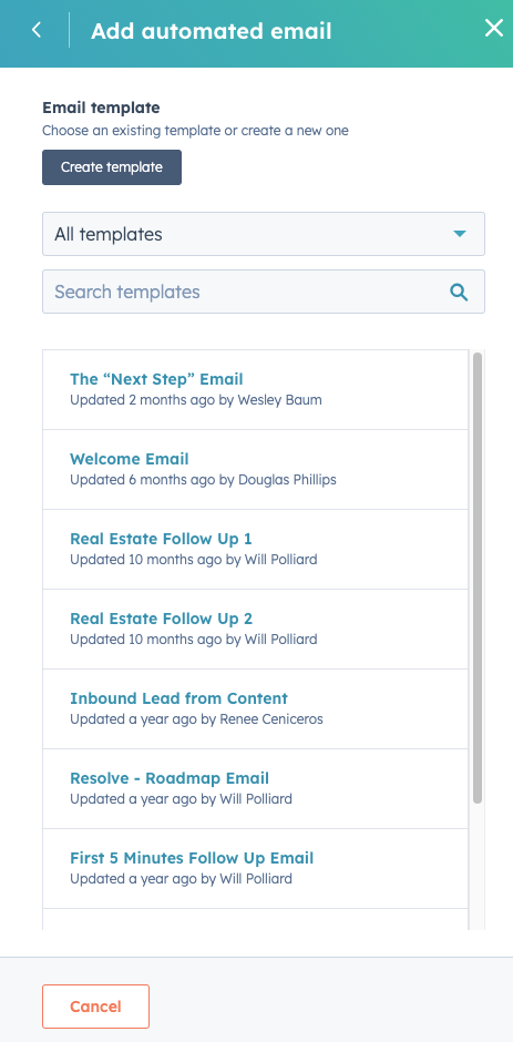 Sequence email template selection