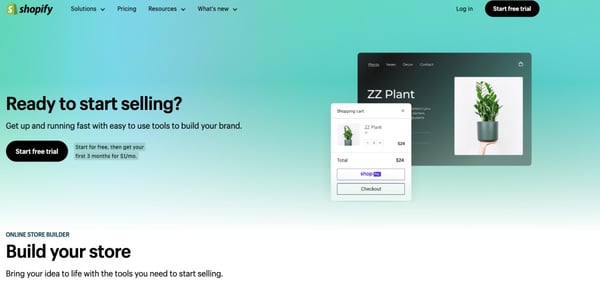 Shopify 2023 solution page for start your store