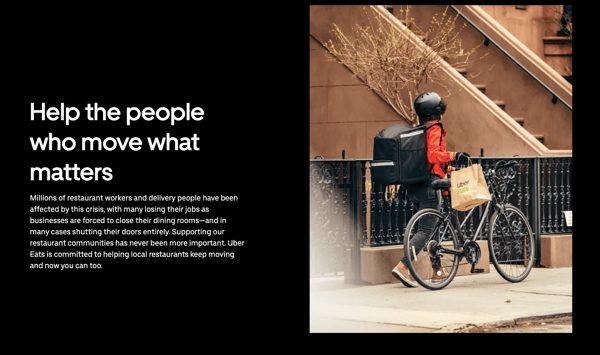 boy with bike and uber eats order next to text on left