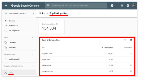 Screenshot of google search console linking