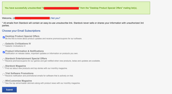 Stardock unsubscribe