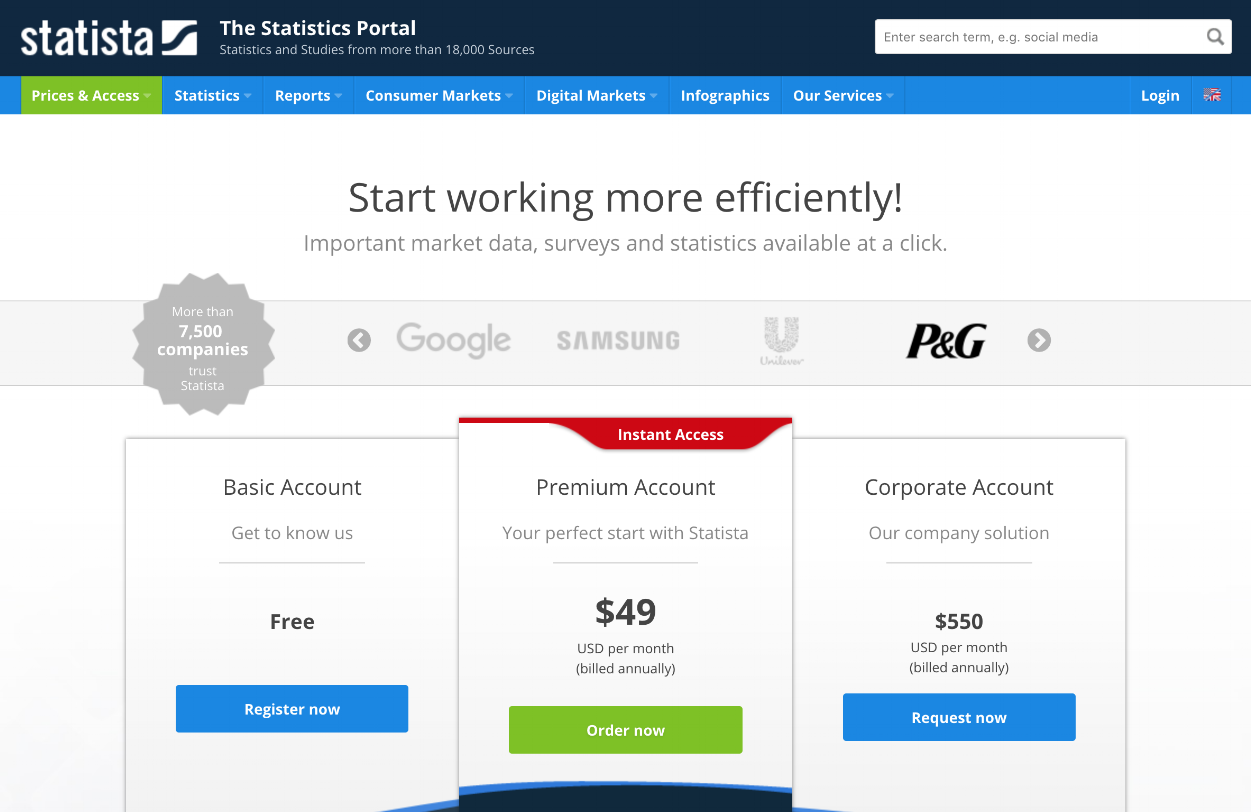 Statista Pricing Page