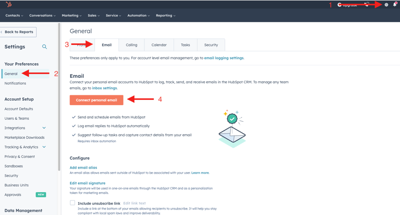 Where to Connect Your Email Highlighted