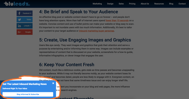 Example of a pop-up blog subscriber button using HubSpot's Lead Flow tool.