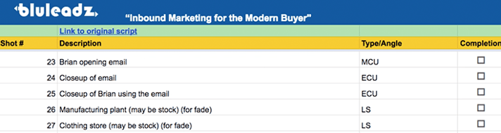 Image of the shot sheet format Bluleadz uses to plan marketing video projects.