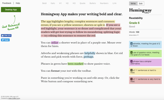 Hemingway App homepage