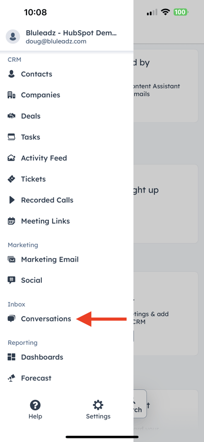 HubSpot App Sidebar menu slide in