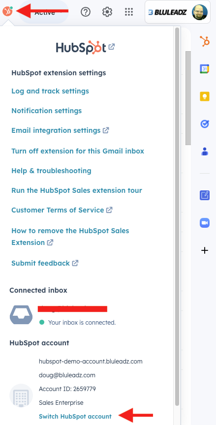 HubSpot Extension Settings Highlighted