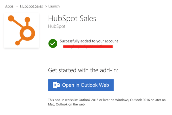 Microsoft 365 HubSpot Sales added confirmation screen