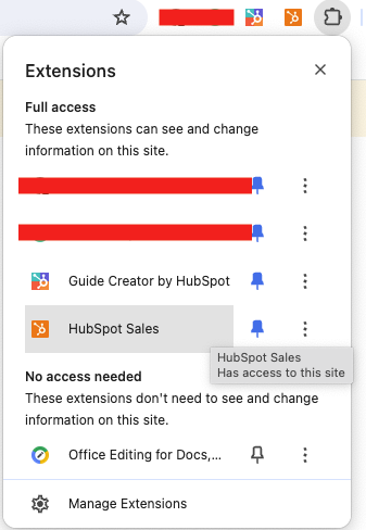 Pinning the HubSpot Sales Extension