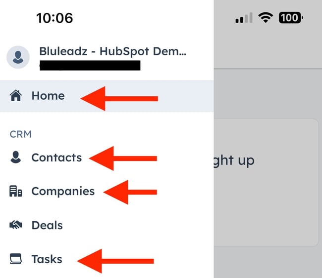 HubSpot app menu screen highlights