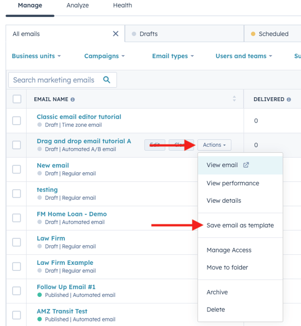 Saving an email as a template from email tool