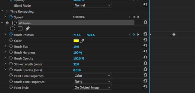 Write-on effect options in Adobe Premiere.