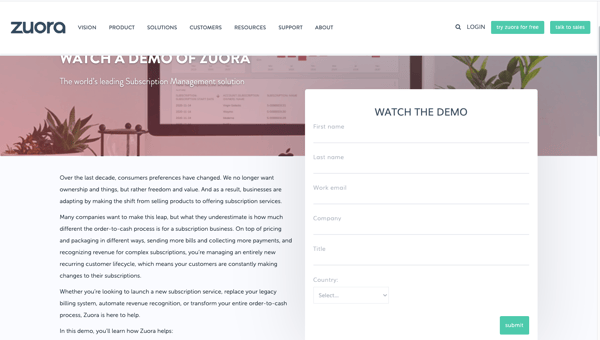 Zuora lead flow screenshot