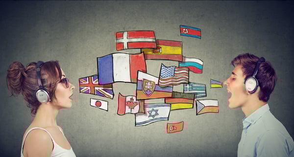 Two people translating different languages with flags visualization_221477713