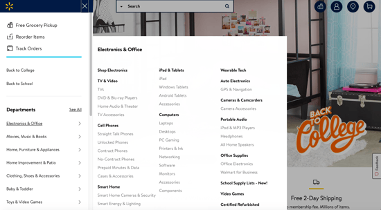 Walmart homepage nav