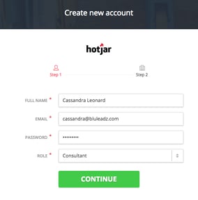 Signing up for an account on Hotjar