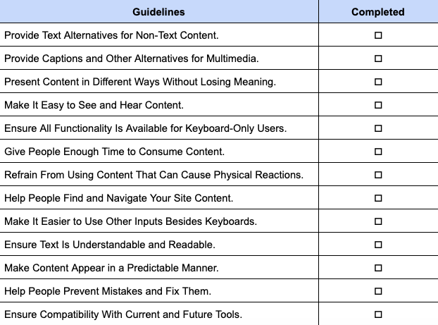 web accessibility guidelines checklist