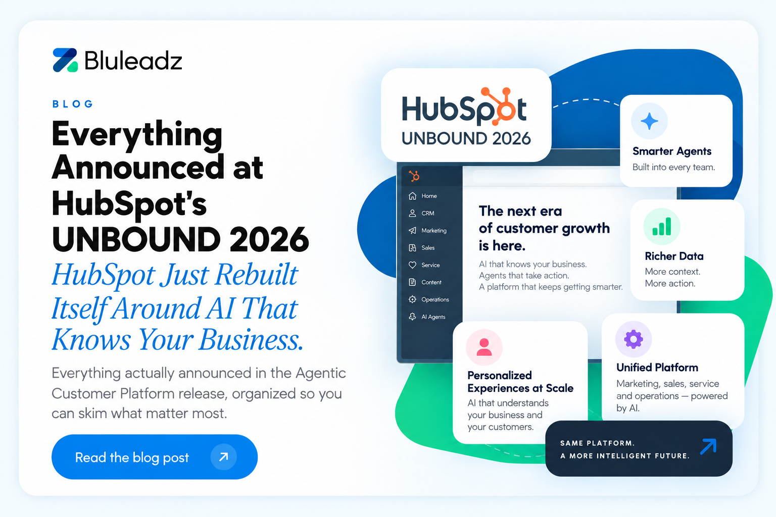a visual blog graphic card showing HubSpot UNBOUND and a dashboard screen displaying announcements disclosed at HUNBOUND 2026 in Boston, MA